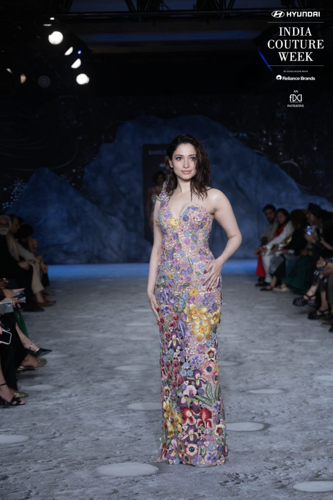 Tamannaah Bhatia walks the runway in a hand-embroidered floral gown by Rahul Mishra at India Couture Week 2025