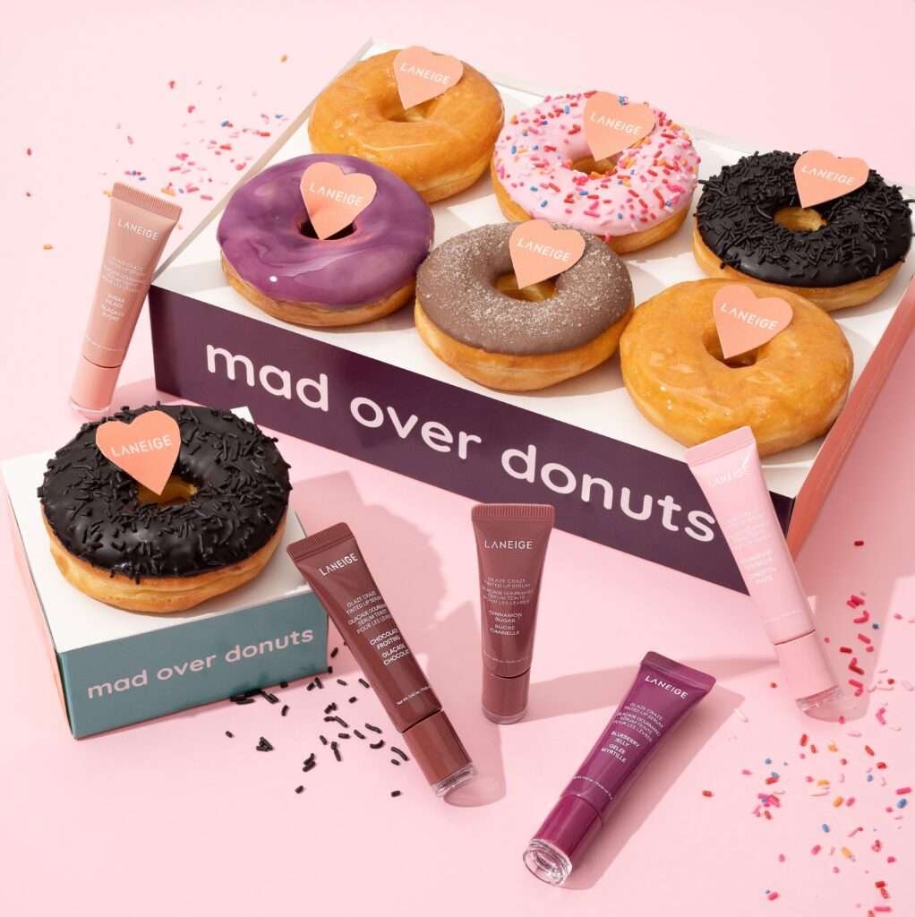 Laneige Glaze Craze Lip Serum tubes with donut-themed packaging collaboration with Mad Over Donuts