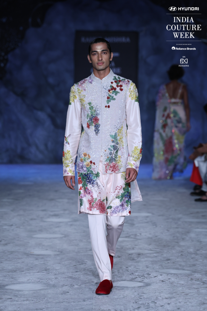 Model in floral embroidered sherwani by Rahul Mishra at India Couture Week 2025